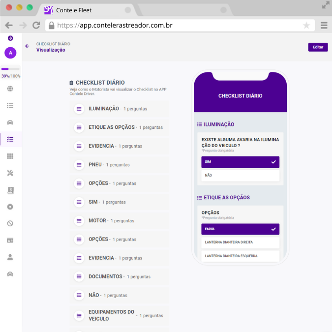 Configuração de itens do checklist