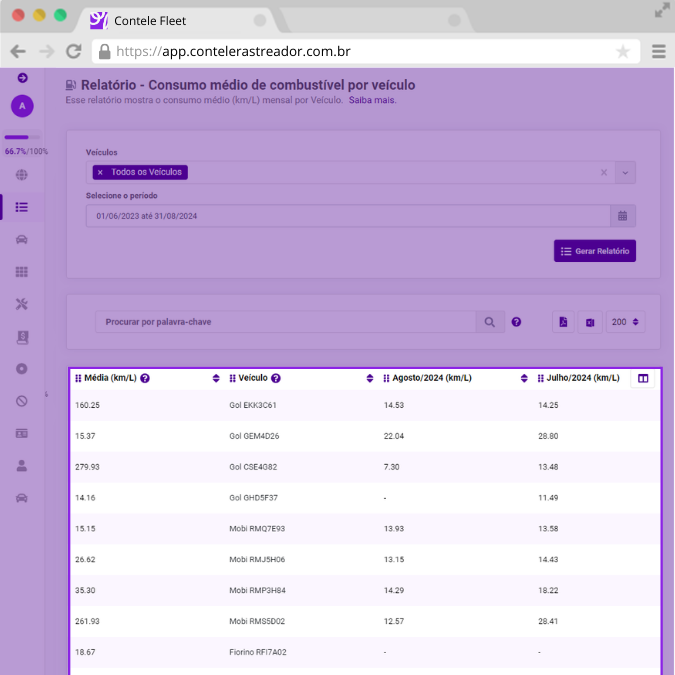 Relatório de consumo médio por veículo